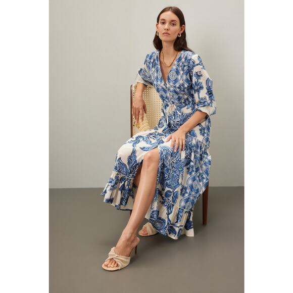 FIFTEEN TWENTY Blue Floral 100% Cotton V-Neck Tiered A-Line Dress Size Small - Picture 3 of 14